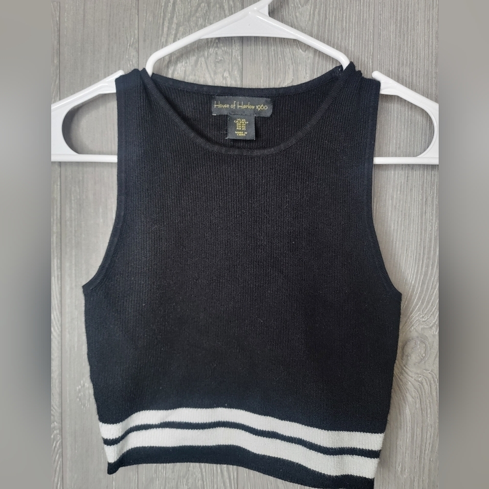 House of Harlow 1960 Black White Striped Ribbed Knit Crop Tank Top XS
